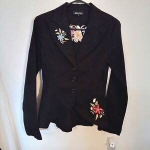 Odds N Evens Black Cotton BlazerJacket with Embroidery and Peplum Detail Medium